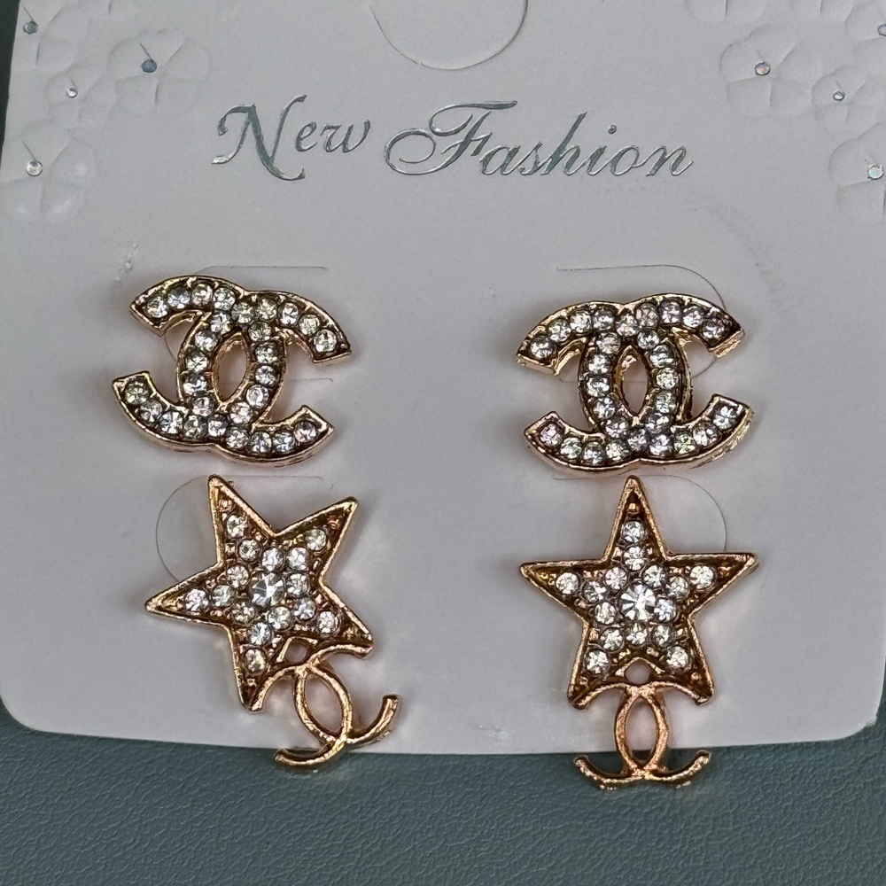 Set of Two Gold Tone Star Crystal Monogram Stud Earrings - Fashion Jewelry NWT